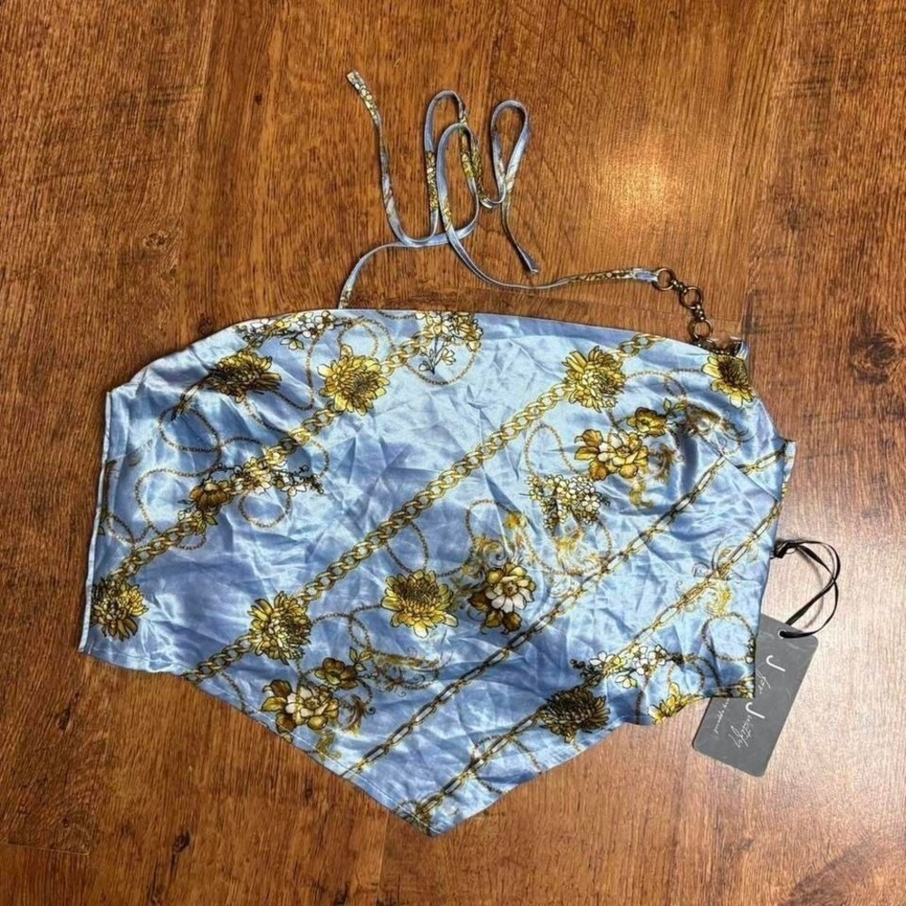 J for Justify NWT blue and gold floral halter top with chain details